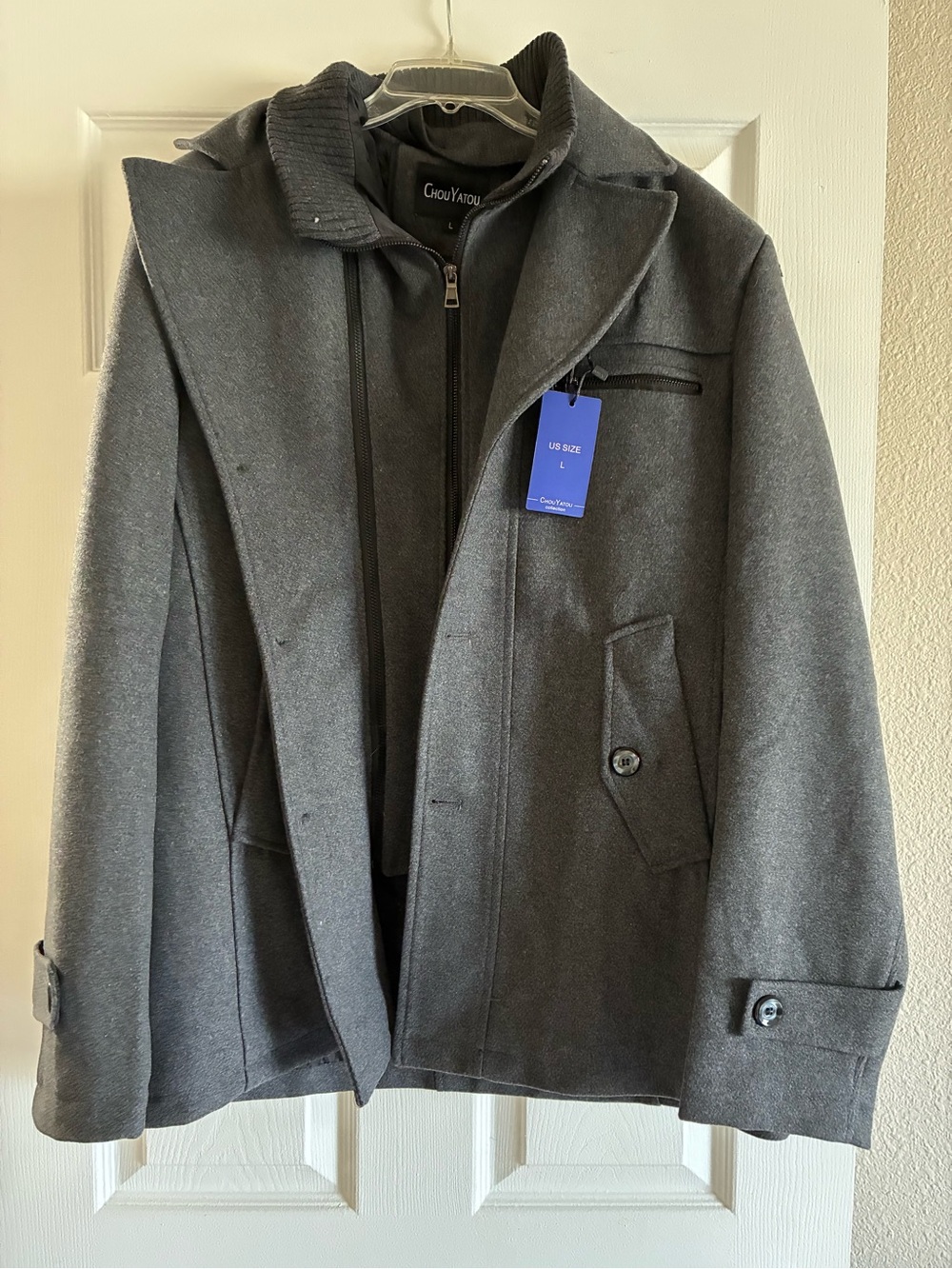 ChouYatou Men's Gray Wool-Blend Pea Coat with Zip-In Inner Layer
